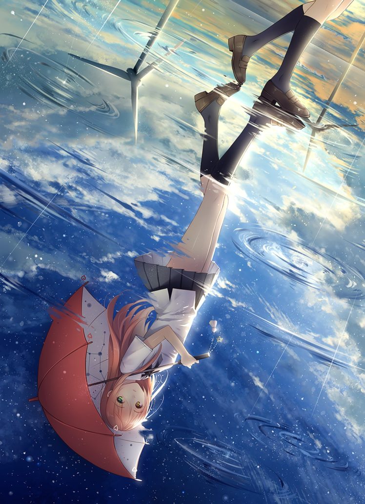 anime, Girl, Rain, Umbrella, Sky, Cloud, Blue, School, Uniform HD Wallpaper Desktop Background