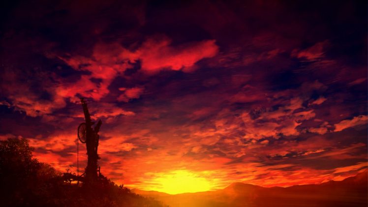 original, Anime, Landscape, Sunset, Sky, Cloud, Beautiful, Red HD Wallpaper Desktop Background