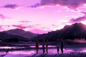 original, Anime, Landscape, Sunset, Sky, Cloud, Beautiful, Pink, Group, Family, Girls, Kimono
