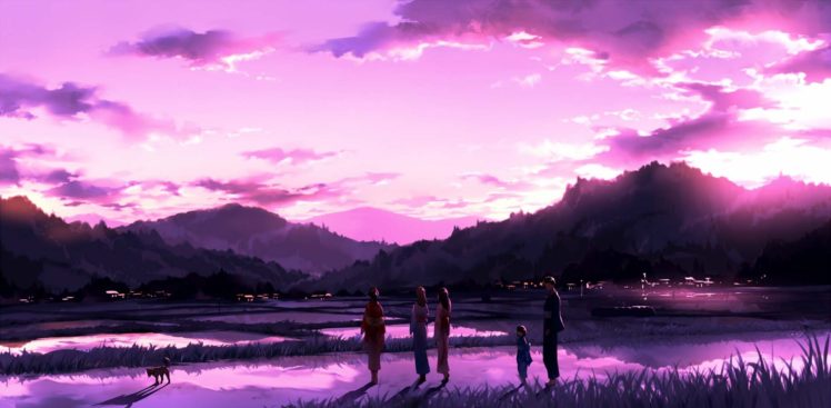 original, Anime, Landscape, Sunset, Sky, Cloud, Beautiful, Pink, Group, Family, Girls, Kimono HD Wallpaper Desktop Background