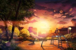 original, Anime, Landscape, Sunset, Sky, Cloud, Beautiful, Tree, Park, Children, City