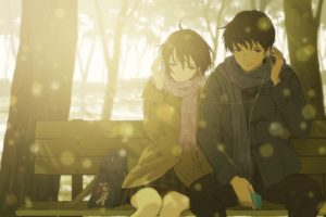 anime, Love, Couple, Music, Headphone, Tree, Winter, Sunshine, Romantic
