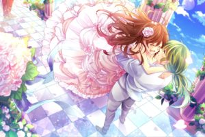 anime, Couple, Bride, Girl, Male, Rose, Flower, Pink, Dress, Sky, Cloud