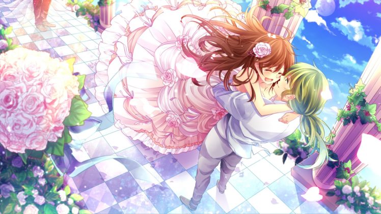 anime, Couple, Bride, Girl, Male, Rose, Flower, Pink, Dress, Sky, Cloud HD Wallpaper Desktop Background