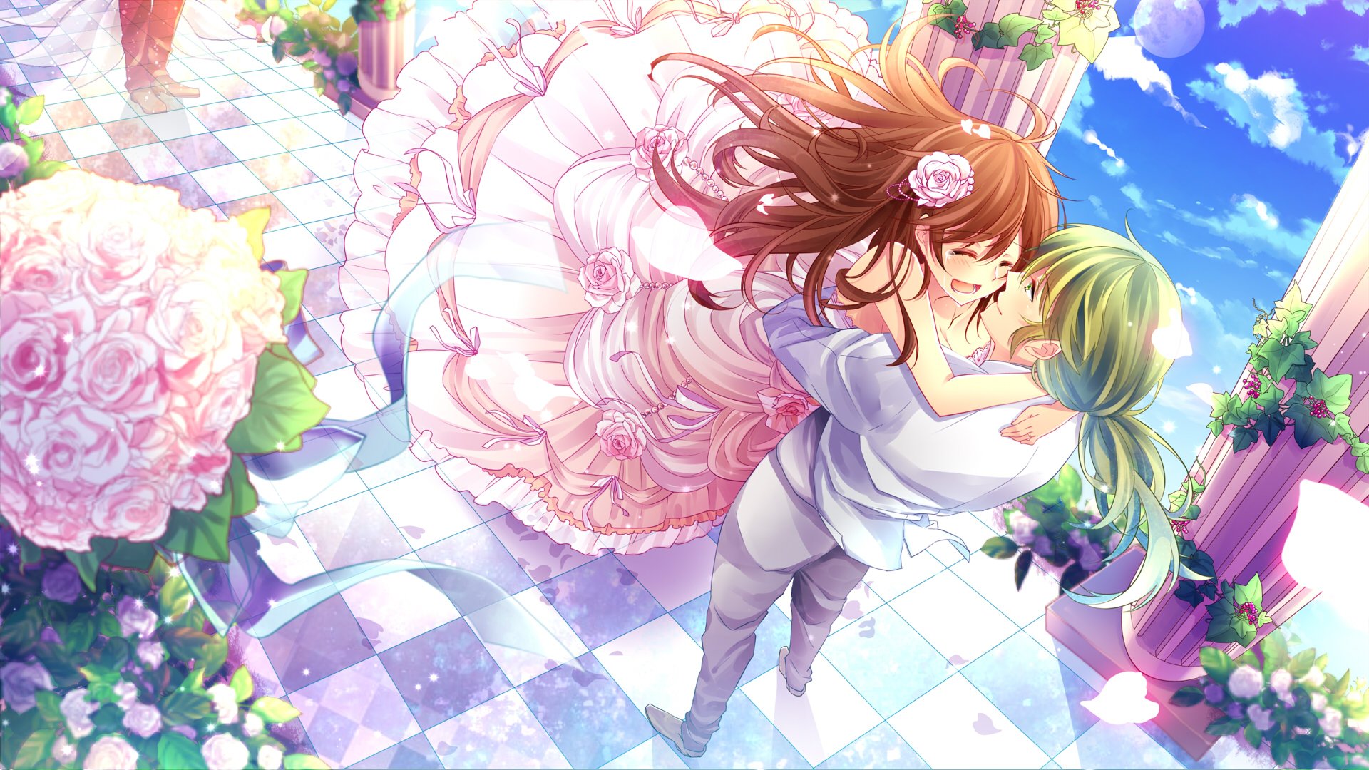 anime, Couple, Bride, Girl, Male, Rose, Flower, Pink, Dress, Sky, Cloud Wallpaper