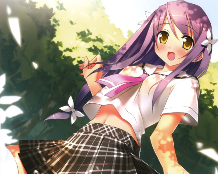 blush, Kantoku, Long, Hair, Original, Purple, Hair, Seifuku, Skirt, Yellow, Eyes HD Wallpaper Desktop Background