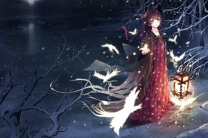 original, Anime, Girl, Magic, Bird, Tree, Snow, Winter, Red, Dress, Beautiful