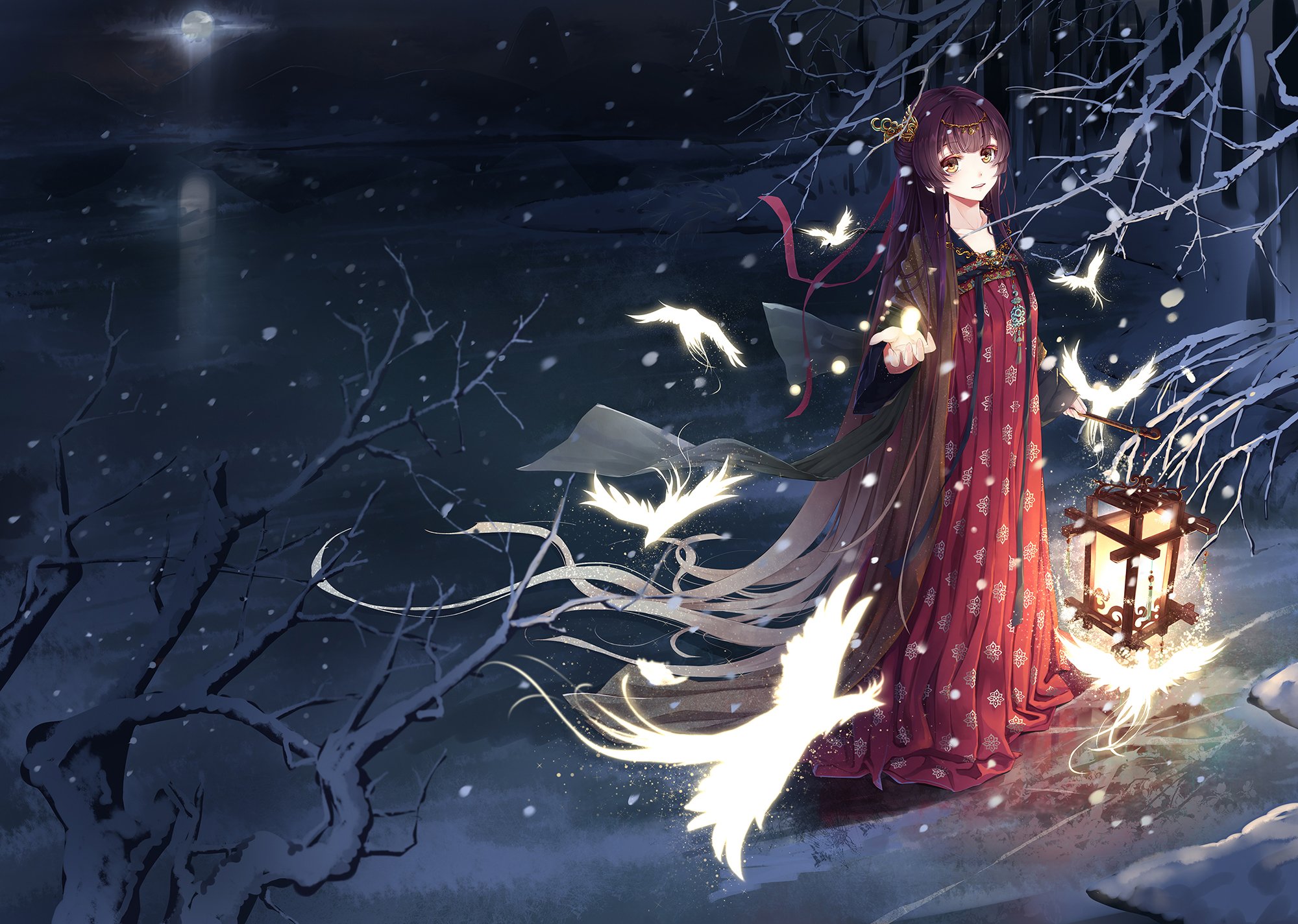 original, Anime, Girl, Magic, Bird, Tree, Snow, Winter, Red, Dress,  Beautiful Wallpapers HD / Desktop and Mobile Backgrounds