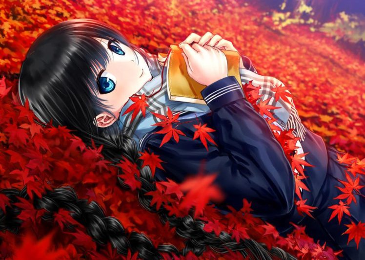 autumn, Anime, Girl, Leaf, School, Uniform, Beautiful, Smile, Book, Long, Hair, Blue, Eyes HD Wallpaper Desktop Background