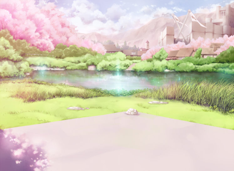 cherry, Blossoms, Clouds, Landscape, Original, Ryouku, Scenic, Water HD Wallpaper Desktop Background