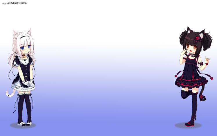 girls, Blue, Eyes, Blush, Catgirl, Collar, Flat, Chest, Flowers, Gloves, Goth loli, Loli, Long, Hair, Original, Photoshop, Ribbons, Rose, Sayori, Tail, Thighhighs HD Wallpaper Desktop Background