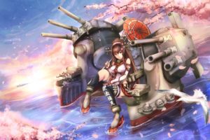 animal, Anthropomorphism, Bird, Brown, Hair, Cherry, Blossoms, Clouds, Kantai, Collection, Long, Hair, Petals, Ponytail, Untsue, Water, Yamato,  kancolle