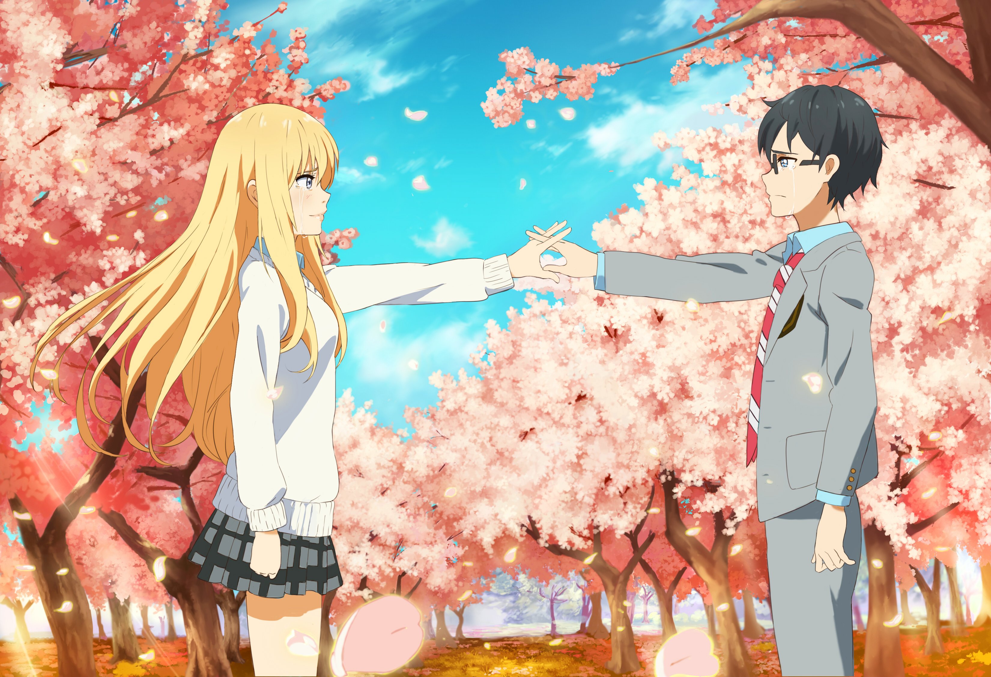 arima, Kousei, Black, Hair, Blonde, Hair, Blue, Eyes, Cherry, Blossoms, Clouds, Crying, Glasses, Male, Miyazono, Kawori, Seifuku, Shigatsu, Wa, Kimi, No, Uso, Sky, Tree Wallpaper