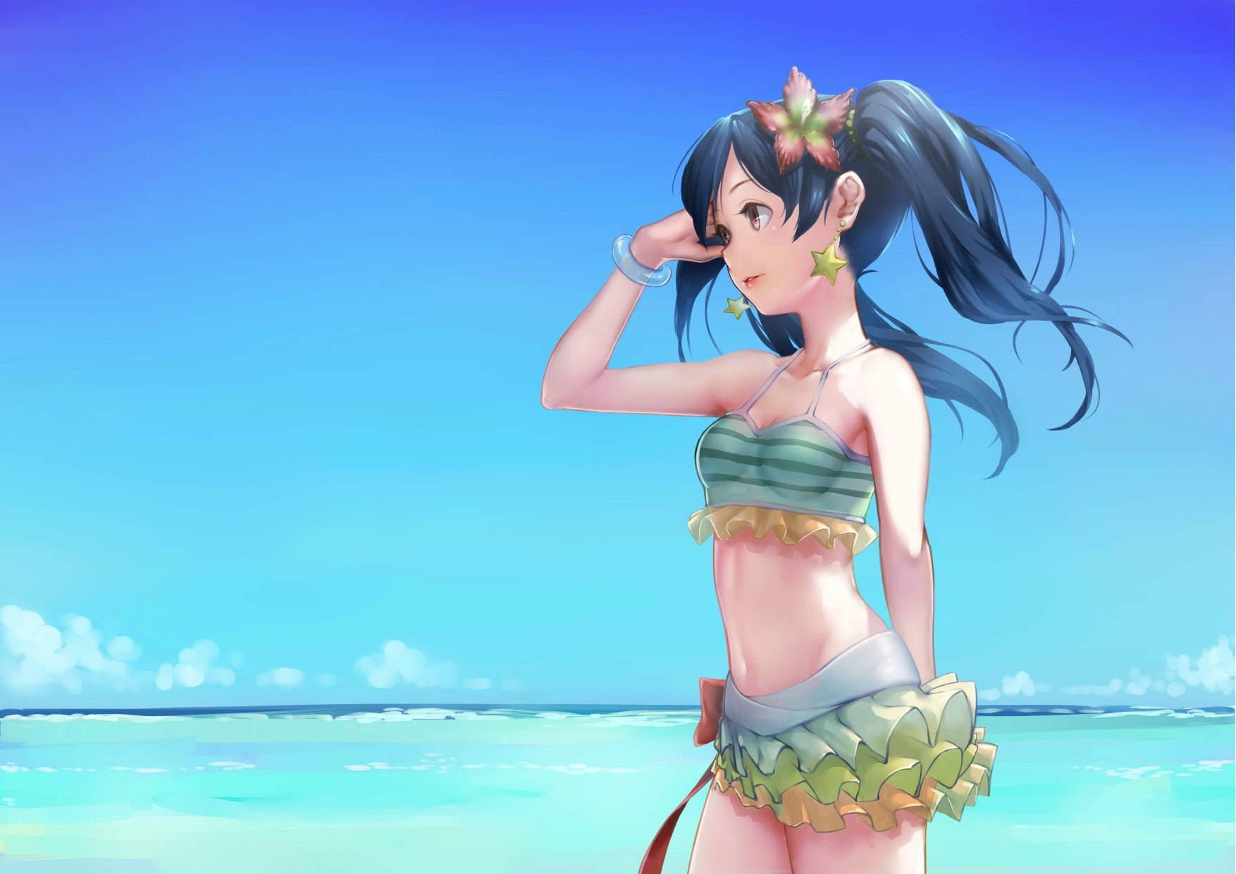 Beach Bikini Black Hair Breasts Brown Eyes Kyol 2 Long Hair Love Live School Idol Project Navel Sky Swimsuit Twintails Water Wristwear Yazawa Nico Wallpapers Hd Desktop And Mobile Backgrounds