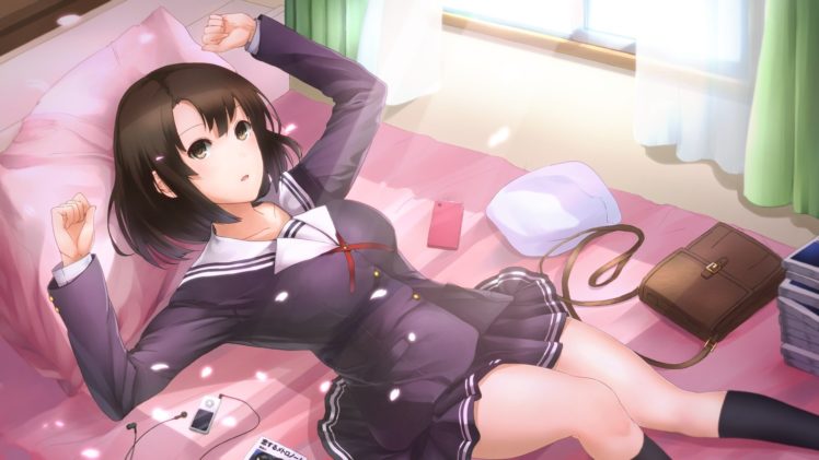 bed, Book, Brown, Eyes, Brown, Hair, Katou, Megumi, Kneehighs, Minamike1991, Petals, Phone, Saenai, Heroine, No, Sodatekata, Seifuku, Short, Hair, Skirt HD Wallpaper Desktop Background