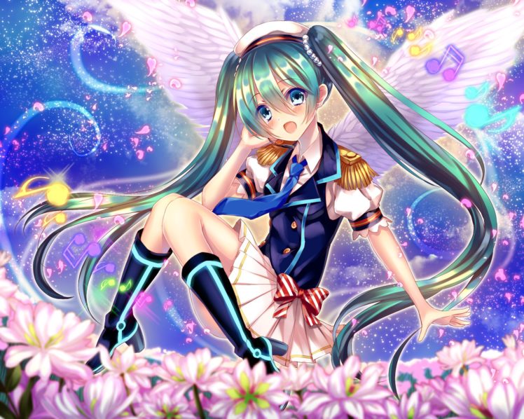 blue, Eyes, Blush, Boots, Bow, Flowers, Hat, Hatsune, Miku, Long, Hair, Music, Saijou, Yukina, Skirt, Tie, Twintails, Uniform, Vocaloid, Wings HD Wallpaper Desktop Background