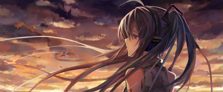 clouds, Hatsune, Miku, Headphones, Long, Hair, Sunset, Tianya, Beiming, Twintails, Vocaloid HD Wallpaper Desktop Background
