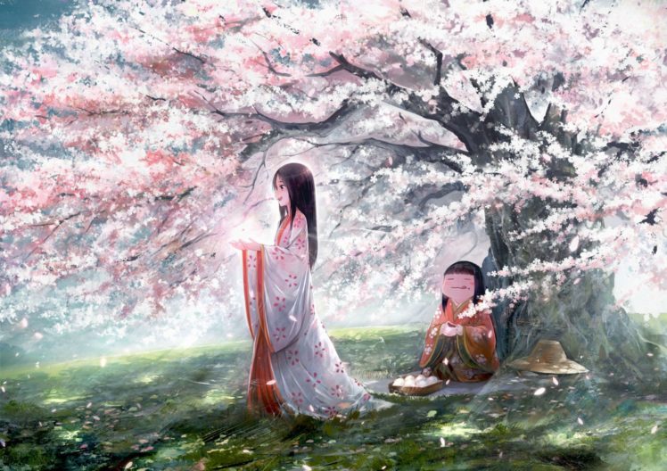 girls, Black, Hair, Cherry, Blossoms, Food, Grass, Hat, Japanese, Clothes, Kaguya, Hime, Long, Hair, Petals, Scenic, Shirakaba, Tree HD Wallpaper Desktop Background