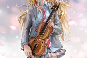 anime, Series, Blonde, Long, Hair, Girl, Music, Instrument, Violin, Shigatsuwa, Kimino, Uso, Miyazono, Kaori, Character
