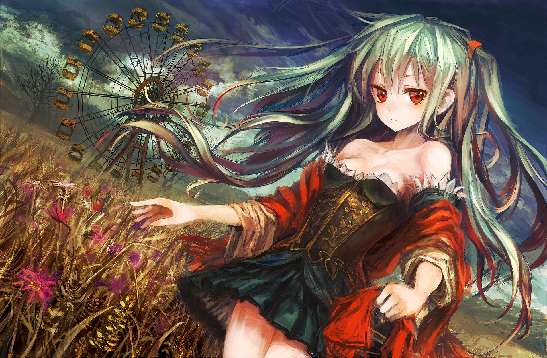 aqua, Hair, Dress, Flowers, Lm7,  op center , Original, Red, Eyes, Twintails Wallpaper