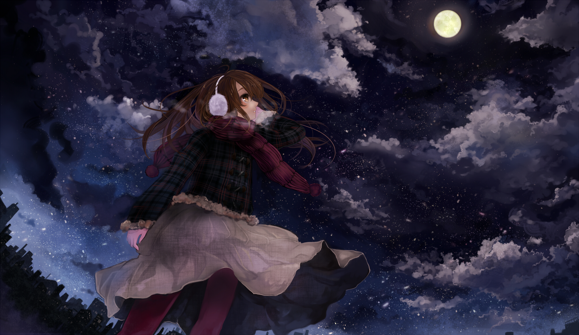 blush, Brown, Eyes, Brown, Hair, City, Clouds, Long, Hair, Moon, Night