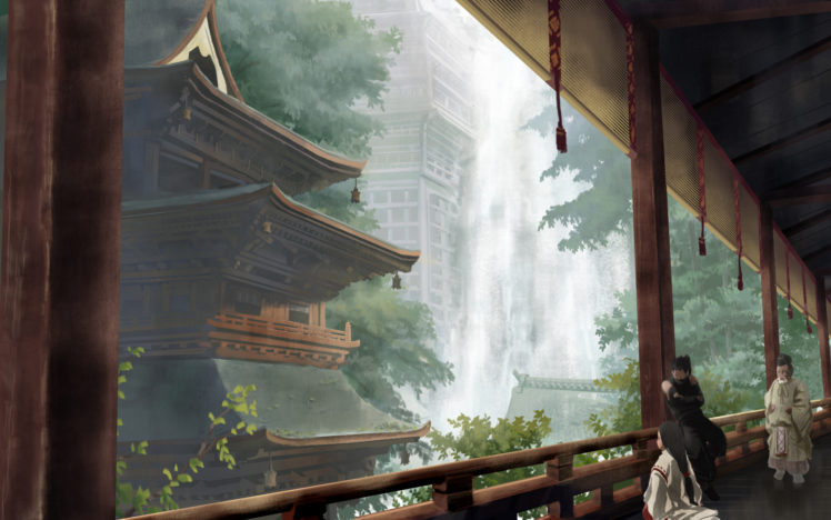 japanese, Clothes, Miko, Ninja, Nyohoho, Original, Scenic, Waterfall HD Wallpaper Desktop Background