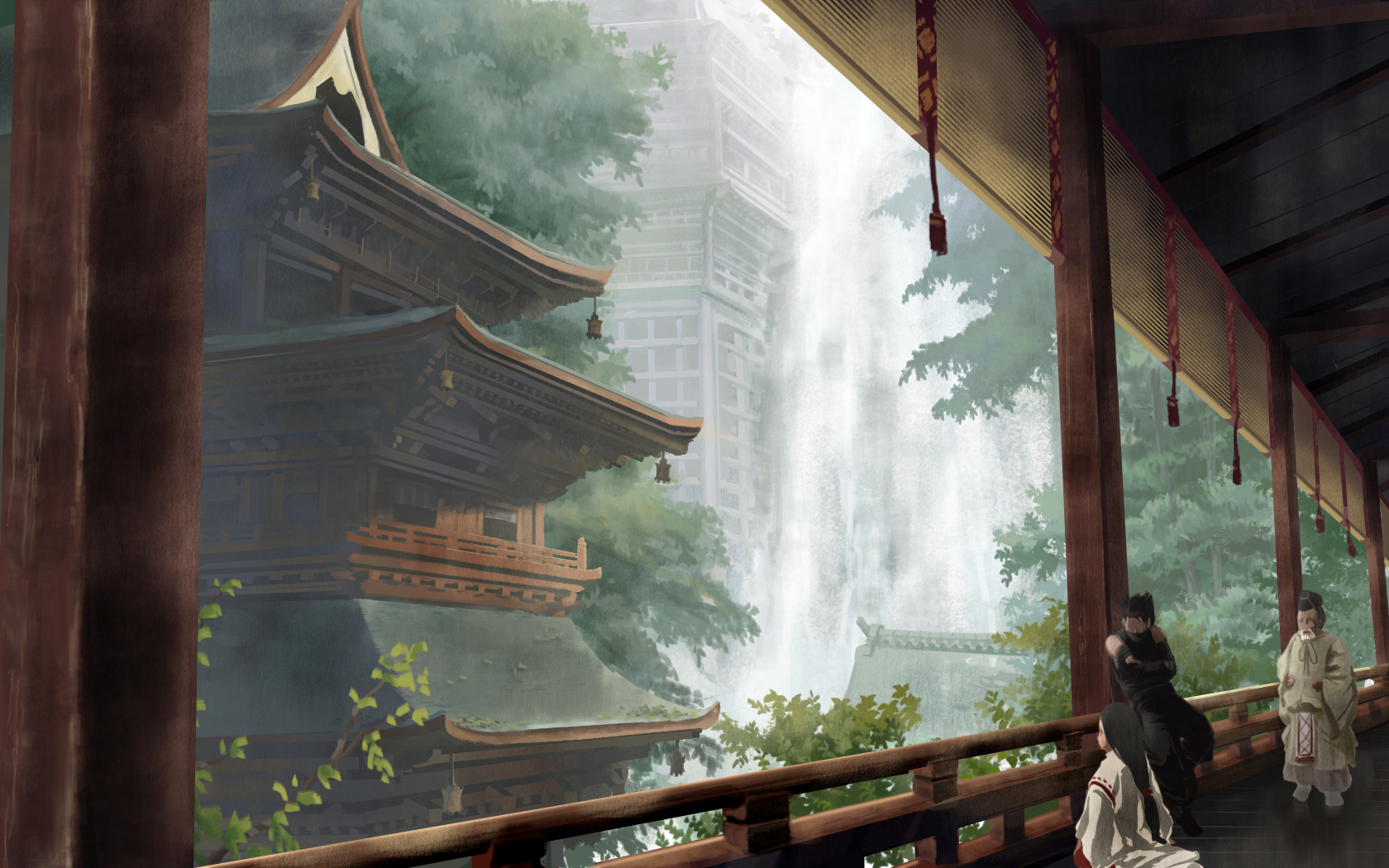 japanese, Clothes, Miko, Ninja, Nyohoho, Original, Scenic, Waterfall Wallpaper