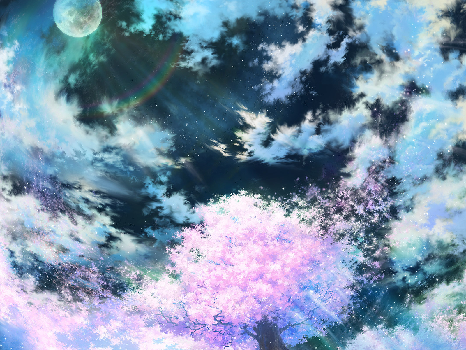 cherry, Blossoms, Moon, Night, Original, Rainbow, Scenic, Sky, Tagme Wallpaper