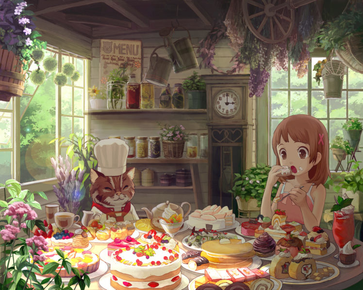 animal, Brown, Eyes, Brown, Hair, Cake, Cat, Flowers, Food, Harupy, Original HD Wallpaper Desktop Background
