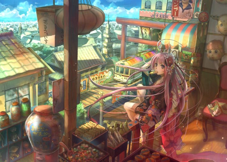 barefoot, Candy, City, Clouds, Fuji, Choko, Ice, Cream, Japanese, Clothes, Kimono, Long, Hair, Mask, Original, Pink, Eyes, Pink, Hair, Sky HD Wallpaper Desktop Background