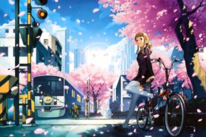 bicycle, Blonde, Hair, Blue, Eyes, Building, Cherry, Blossoms, City, Katou, Akatsuki, Long, Hair, Original, Thighhighs, Train, Tree