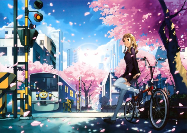 bicycle, Blonde, Hair, Blue, Eyes, Building, Cherry, Blossoms, City, Katou, Akatsuki, Long, Hair, Original, Thighhighs, Train, Tree HD Wallpaper Desktop Background