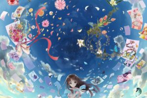 original, Flower, Sky, Clouds, Anime, Girl