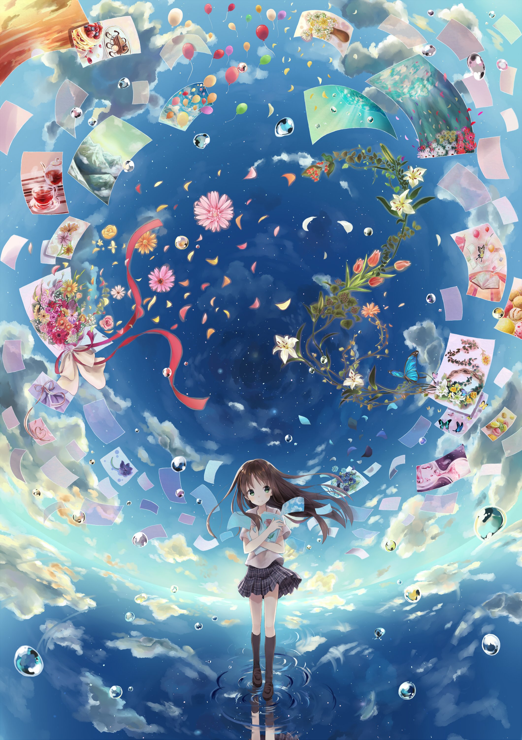 original, Flower, Sky, Clouds, Anime, Girl Wallpaper