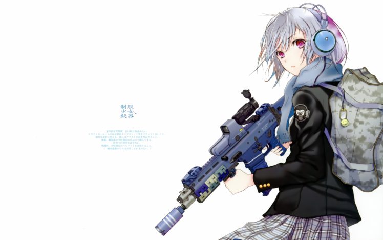fuyuno, Haruaki, Gun, Headphones, Original, Weapon, White HD Wallpaper Desktop Background