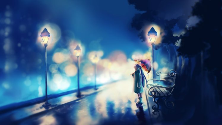 pastel, Girl, Rain, Umbrella, Light, Lamp, Anime, Vocaloid HD Wallpaper Desktop Background