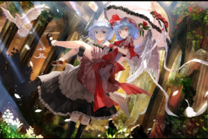animal, Bird, Blue, Eyes, Blue, Hair, Bow, Dress, Feathers, Flowers, Gloves, Grass, Gray, Hair, Hat, Leaves, Petals, Red, Eyes, Ribbons, Rose, Touhou, Umbrella, Wings