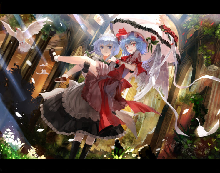 animal, Bird, Blue, Eyes, Blue, Hair, Bow, Dress, Feathers, Flowers, Gloves, Grass, Gray, Hair, Hat, Leaves, Petals, Red, Eyes, Ribbons, Rose, Touhou, Umbrella, Wings HD Wallpaper Desktop Background