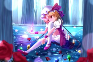 aru,  tohomoyashi , Blonde, Hair, Bow, Fire, Flandre, Scarlet, Flowers, Forest, Grass, Hat, Petals, Rose, Short, Hair, Tagme, Thighhighs, Touhou, Tree, Water, Wings