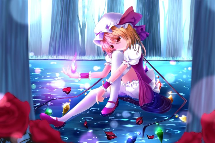 aru,  tohomoyashi , Blonde, Hair, Bow, Fire, Flandre, Scarlet, Flowers, Forest, Grass, Hat, Petals, Rose, Short, Hair, Tagme, Thighhighs, Touhou, Tree, Water, Wings HD Wallpaper Desktop Background