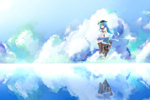 blue, Hair, Boots, Clouds, Hat, Hinanawi, Tenshi, Long, Hair, Red, Eyes, Shuizao,  little, Child , Skirt, Sky, Touhou, Water