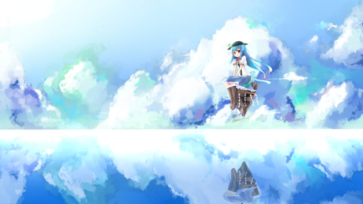 blue, Hair, Boots, Clouds, Hat, Hinanawi, Tenshi, Long, Hair, Red, Eyes, Shuizao,  little, Child , Skirt, Sky, Touhou, Water HD Wallpaper Desktop Background