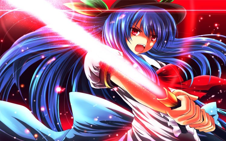 blue, Hair, Hinanawi, Tenshi, Nekominase, Red, Eyes, Sword, Touhou, Weapon HD Wallpaper Desktop Background