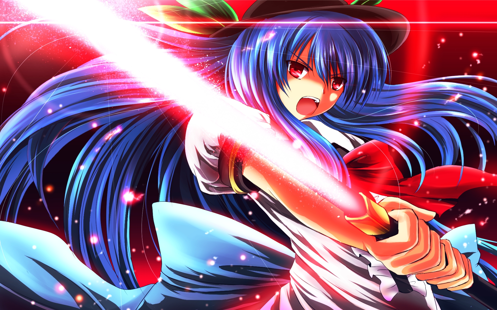 blue, Hair, Hinanawi, Tenshi, Nekominase, Red, Eyes, Sword, Touhou, Weapon Wallpaper