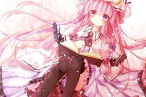 blush, Book, Dress, Hat, Long, Hair, Mog,  artist , Patchouli, Knowledge, Thighhighs, Touhou