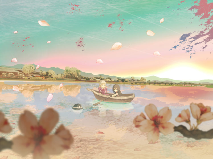 boat, Cherry, Blossoms, Hat, Maribel, Han, Petals, Shinta,  hmmuk , Touhou, Usami, Renko, Water HD Wallpaper Desktop Background