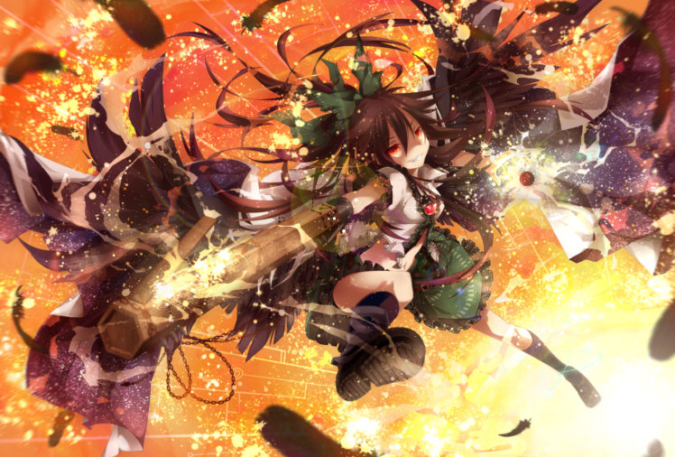 dress, Fang, Feathers, Red, Eyes, Reiuji, Utsuho, Touhou, Toutenkou, Weapon, Wings HD Wallpaper Desktop Background