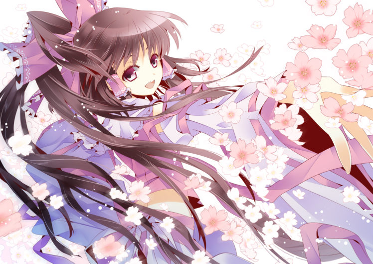 aya003030, Bow, Brown, Eyes, Brown, Hair, Cherry, Blossoms, Flowers, Hakurei, Reimu, Long, Hair, Skirt, Touhou HD Wallpaper Desktop Background