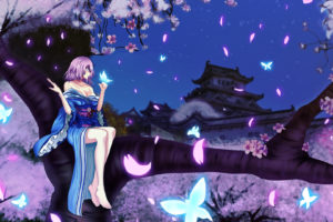 barefoot, Blue, Hair, Building, Butterfly, Cherry, Blossoms, Cleavage, Evilpwood, Flowers, Jpeg, Artifacts, Kimono, Night, Petals, Pink, Eyes, Short, Hair, Touhou, Tree