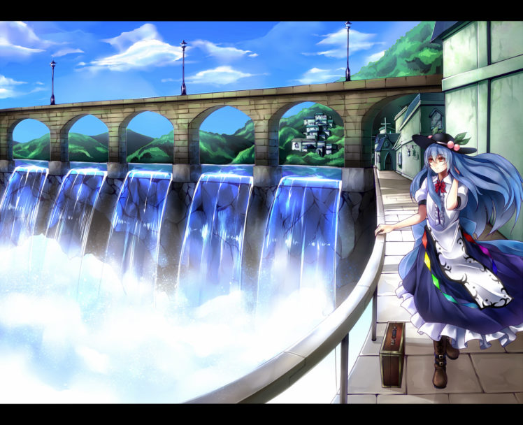 blue, Hair, Boots, Clouds, Dress, Hat, Hinanawi, Tenshi, Izayoi saki, Long, Hair, Red, Eyes, Touhou, Waterfall HD Wallpaper Desktop Background